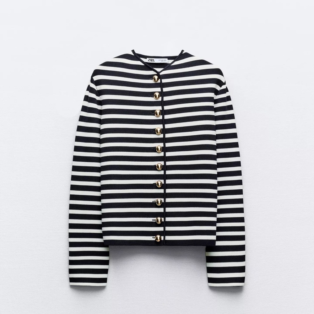 NWT Zara Navy and White Striped Women's Top with Gold Buttons Size M